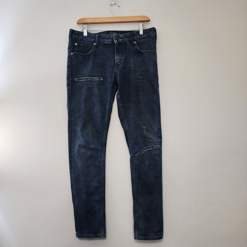 Scotch Soda Patchwork Jeans Mens 31x32 Dark Skim Checkmate Distressed Stretch